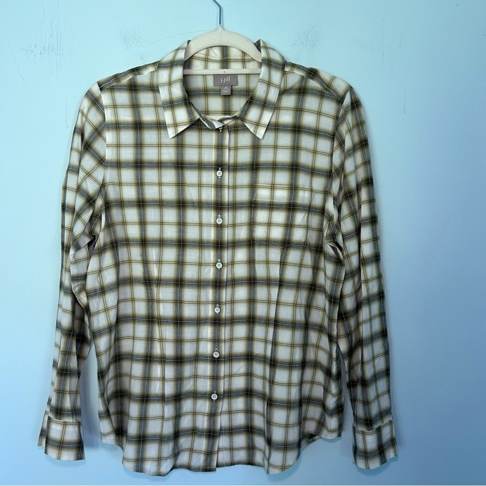 J. Jill 99% Cotton Green Plaid Button-Done Long Sleeve Top Size Medium